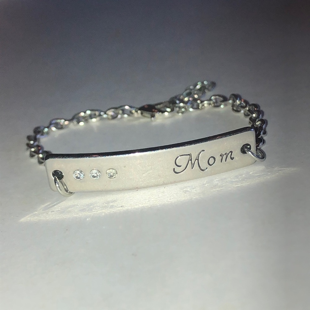 Mom Engraved Silver Tone Plate Bracelet with Crystal Accents